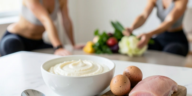 200 Gramm Magerquark in einer Schale mit einem Esslöffel daneben – daneben visualisiert: die entsprechende Menge Eiweiß im Vergleich zu zwei Eiern und einem Hähnchenfilet