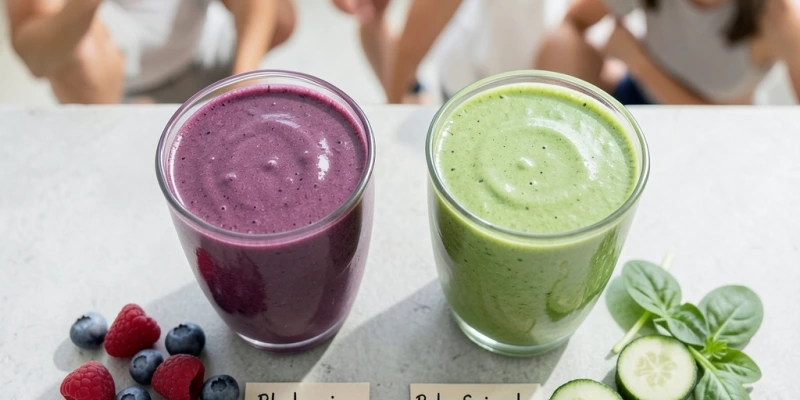 Draufsicht auf zwei Smoothie-Gläser: links violett-lila (Beeren-Quark), rechts hellgrün (Spinat-Gurke-Quark) – mit beschrifteten Zutaten daneben als Flatlay