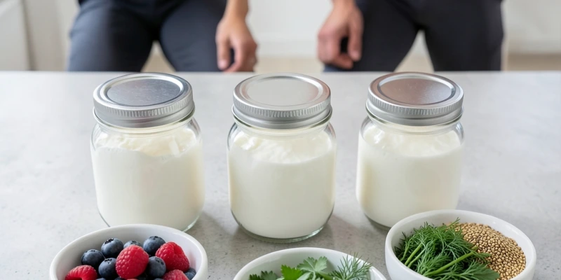 Drei kleine Schraubgläser mit vorbereitetem Magerquark natur, daneben kleine Schälchen mit verschiedenen Toppings – Beeren, Kräuter, Leinsamen – zum selbst Zusammenstellen