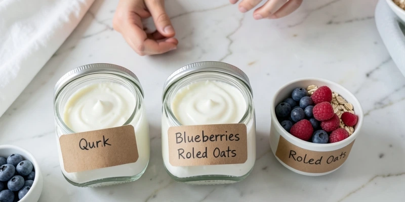 Drei kleine Schraubgläser vorbereitet für Meal-Prep – jedes mit Magerquark gefüllt, daneben separate kleine Behälter mit Beeren und Haferflocken