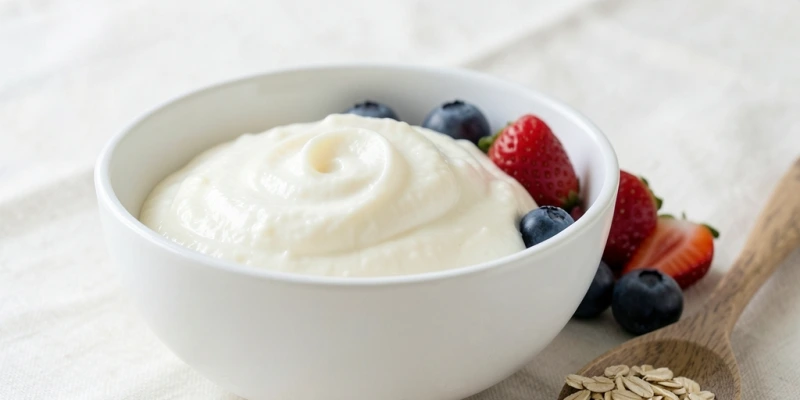 Eine Schale mit 250 g Magerquark daneben eine Handvoll Beeren und ein Löffel Haferflocken – klare Portionsgröße auf einen Blick