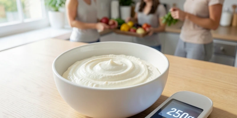 Eine Schüssel mit 250 g Magerquark, daneben eine Küchenwaage, die die Menge zeigt – realistische Portionsgröße statt "eine Handvoll"