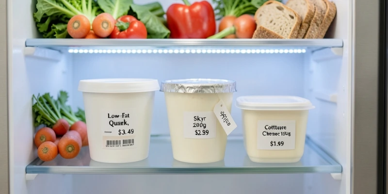 geöffneter Kühlschrank mit drei verschiedenen Bechern – Magerquark, Skyr, Hüttenkäse – im Größenvergleich mit Preisschildern