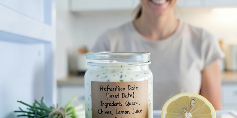 Kleines Glas mit fertig angerührtem Kräuterquark im Kühlschrank, daneben ein beschriftetes Etikett mit Datum und Zutaten – als Beispiel für einfaches Meal Prep