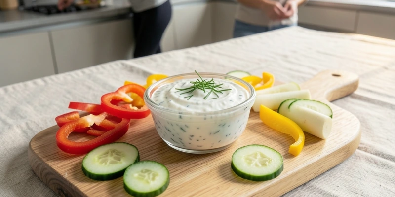 Kleines Glasschälchen mit weißem Kräuter-Quark-Dip, daneben bunt aufgefächertes Rohkost-Gemüse – Paprikastreifen, Gurkenscheiben, Kohlrabi – auf einem Holzbrett
