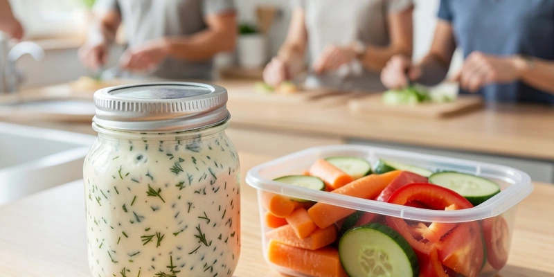 Kleines Schraubglas mit angerührtem Kräuterquark, daneben ein Meal-Prep-Behälter mit vorgeschnittenem Gemüse – Alltagsvorbereitung für den Bürotag