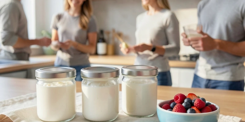 Meal-Prep-Setup mit vier vorbereiteten Gläsern Quark auf einer Arbeitsplatte, daneben eine kleine Schale mit frischen Beeren zum morgendlichen Dazugeben