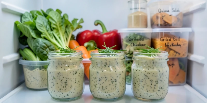 Meal-Prep-Situation: Fünf kleine Schraubgläser mit vorportioniertem Kräuterquark im Kühlschrank – zeigt praktische Alltagstauglichkeit