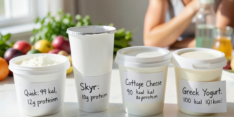 Nährwerttabelle als übersichtliche Grafik mit vier Bechern nebeneinander – Magerquark, Skyr, Hüttenkäse und griechischer Joghurt, jeweils mit Kalorien und Eiweißangabe