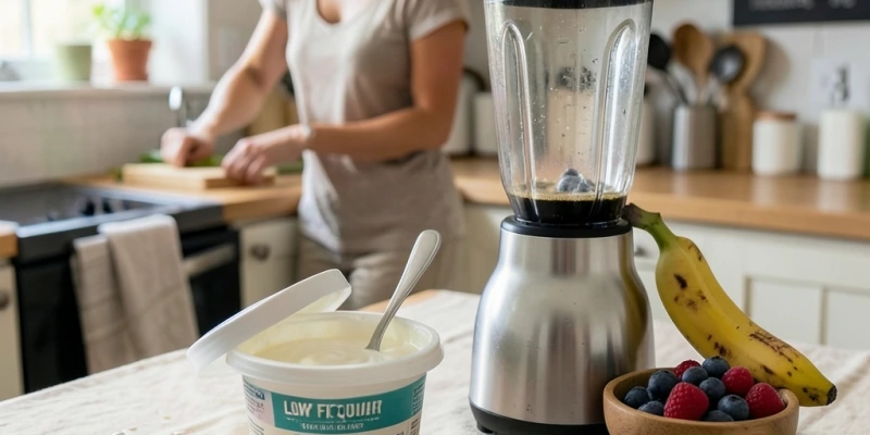Offener 500-g-Magerquark-Becher neben einem Mixer, daneben Beeren und Banane – alltägliche Küchenszene, keine Studiokulisse