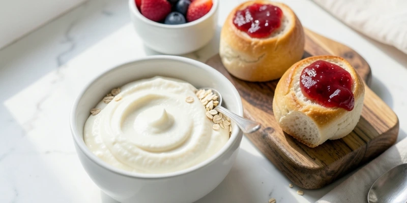 Schale mit 250 g Magerquark, daneben eine kleine Schale mit 100 g Beeren und ein Teelöffel Haferflocken – daneben zum Vergleich zwei Marmeladenbrötchen mit derselben Kalorienzahl