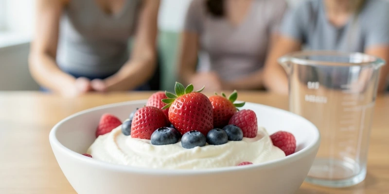 Schüssel mit 200 g Magerquark und frischen Beeren auf einem Holztisch, daneben ein Messbecher – zeigt realistische Portionsgröße