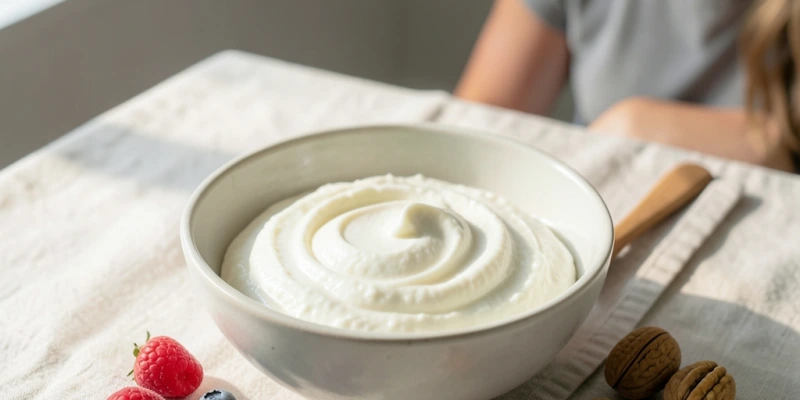 Schüssel mit 250 g Magerquark, daneben ein Esslöffel als Größenreferenz, Handvoll Beeren und ein paar Walnüsse locker daneben angerichtet