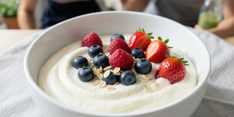 Schüssel mit 250 g Magerquark, frischen Beeren und einem Esslöffel Haferflocken – sichtbar cremig, ohne Zuckerguss oder Sirup