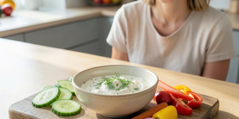 Schüssel mit herzhaftem Kräuterquark, daneben frisches Gemüse zum Dippen – angerichtet auf Holzbrett, Alltagsküchen-Ästhetik