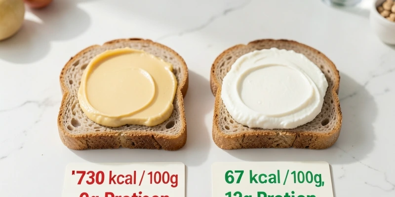 Vergleich zweier Frühstücksbrote nebeneinander: links mit Butter (730 kcal/100g, 0g Protein), rechts mit Magerquark (67 kcal/100g, 12g Protein) – gleiche Menge auf dem Brot, sichtbarer Unterschied in der Nährstoffkarte darunter