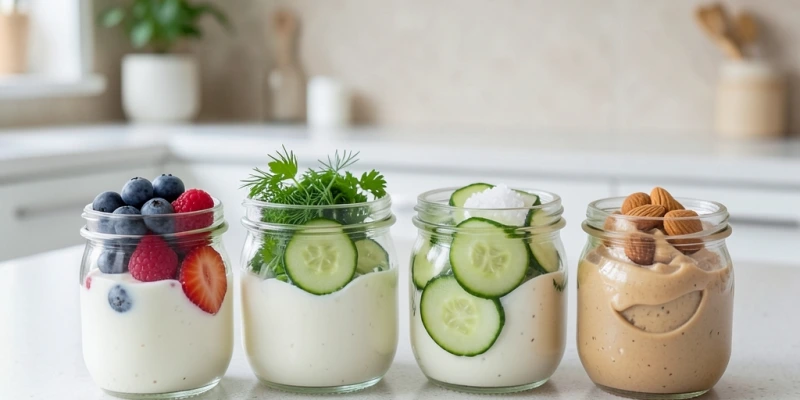Vier kleine Glasgefäße mit Magerquark und verschiedenen Toppings – Beeren, Kräuter, Gurkenscheiben, Mandelmus – als Meal-Prep-Variante auf Küchentresen