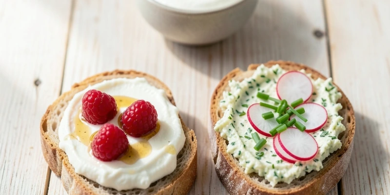 Vollkornbrotscheibe mit dick aufgetragener Magerquarkschicht, garniert mit Himbeeren und einem Spritzer Honig, daneben eine zweite Scheibe herzhaft mit Kräuterquark und Radieschenscheiben