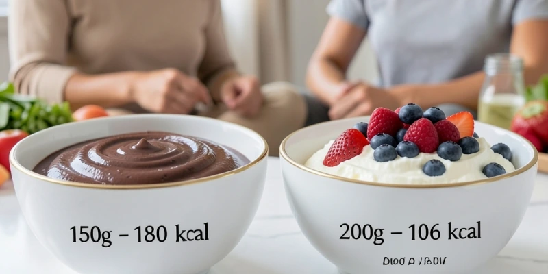 Zwei Dessertschüsseln nebeneinander – links 150g Schokoladenpudding, rechts 200g Magerquark mit Beeren. Kalorienangaben sichtbar eingeblendet, um den visuellen Volumenunterschied zu zeigen
