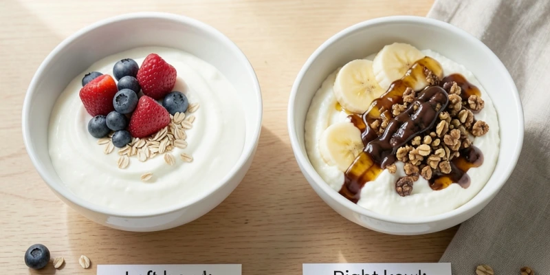 Zwei Frühstücksschalen nebeneinander – links Quark mit Beeren und Haferflocken (schlicht), rechts Quark mit Honig, Bananenscheiben, Schokomüsli und Sirup – Kalorienangaben darunter zum Vergleich