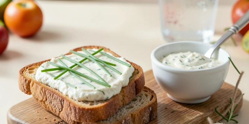 Zwei Scheiben Vollkornbrot mit cremigem Kräuterquark, garniert mit frischem Schnittlauch – daneben ein kleines Schälchen mit dem restlichen Quark als Dip