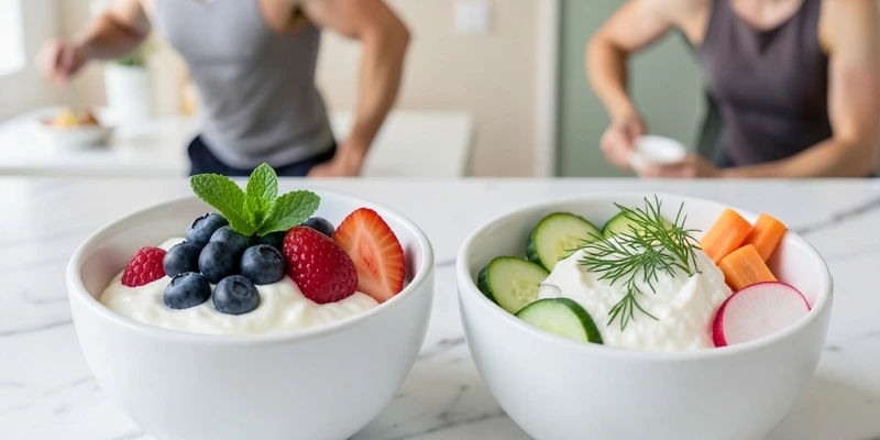 Zwei Schüsseln nebeneinander – links Magerquark mit Beeren (süß), rechts Kräuterquark mit Gemüsesticks (herzhaft) – zeigt Vielseitigkeit des Produkts
