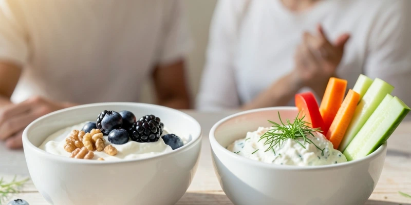 zwei Schüsseln nebeneinander – links Quark mit dunklen Beeren und Nüssen, rechts Kräuterquark mit bunten Gemüsesticks