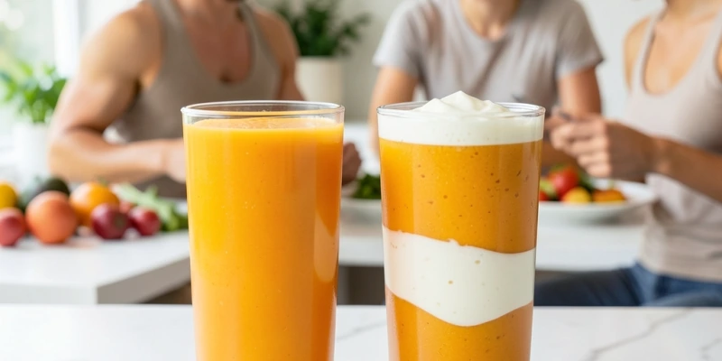 Zwei Smoothie-Gläser nebeneinander – links ein leuchtend oranger Fruchtsmoothie ohne Zusätze, rechts derselbe Smoothie mit sichtbarer Quarkschicht; darunter ein Vergleich: „ohne Eiweiß – mit Eiweiß"