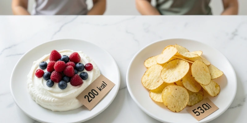 Zwei Teller im Vergleich: links 200 g Magerquark mit Beeren, rechts eine Portion Chips mit ähnlicher Volumenwirkung – mit Kalorienangaben zur Gegenüberstellung