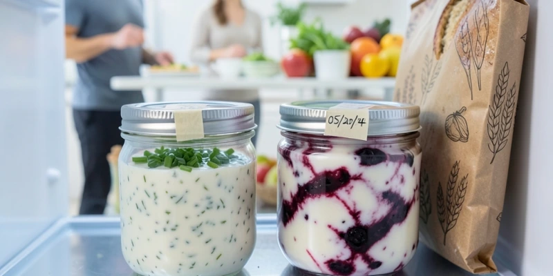 Zwei vorbereitete Schraubgläser im Kühlschrank – eines mit Kräuterquark, eines mit Beerenquark, beschriftet mit Datum, daneben eine Packung Vollkornbrot